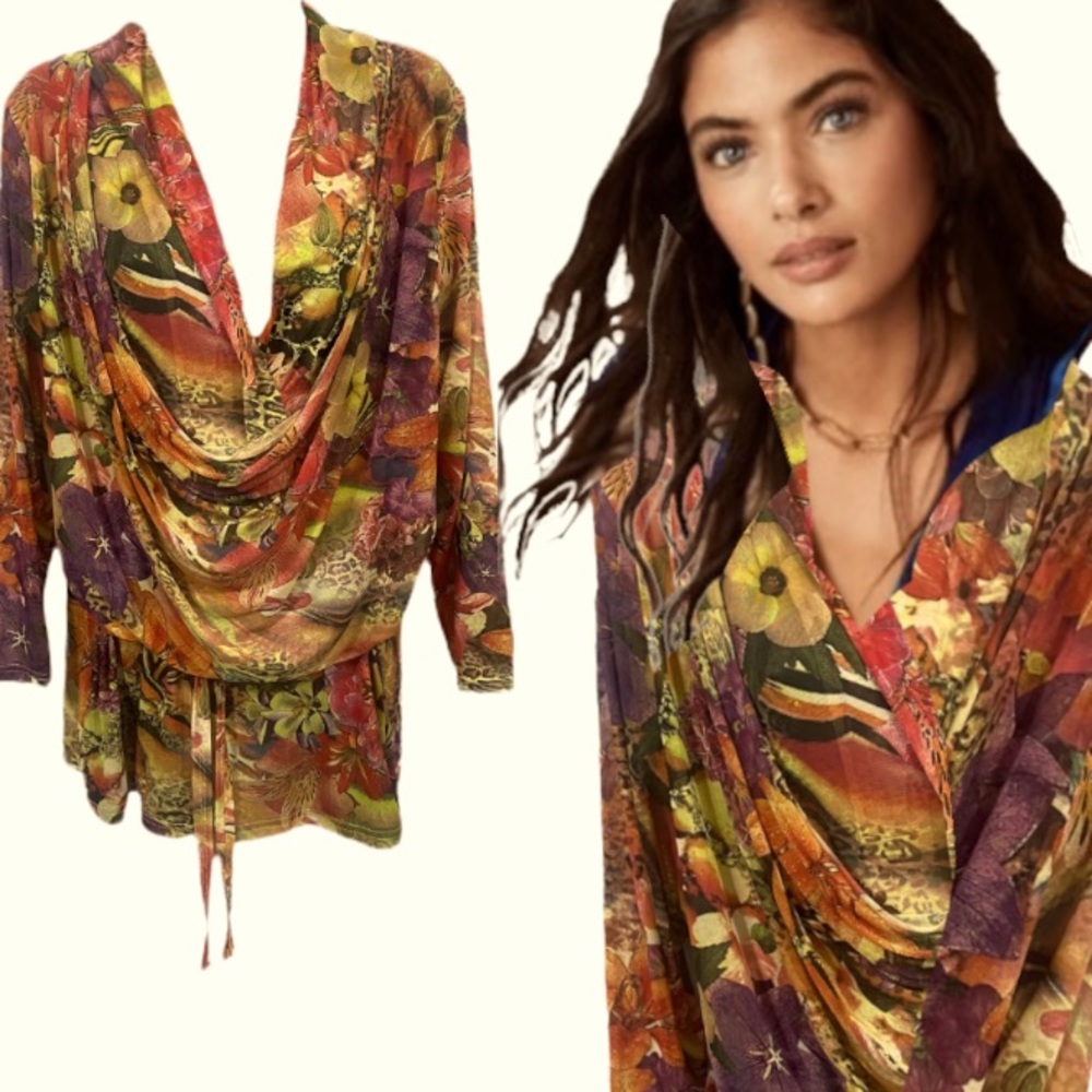 Blouse shirt tunic tee top Hawaiian cheetah tiger mesh lace fashion orange ivory